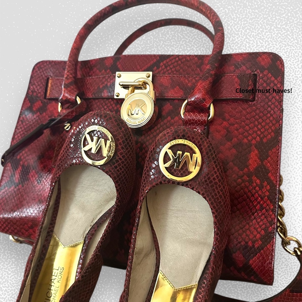 Michael Kors Hamilton Red Snake Print Embossed Handbag Iconic MK‎ Gold Hardware - Picture 16 of 16
